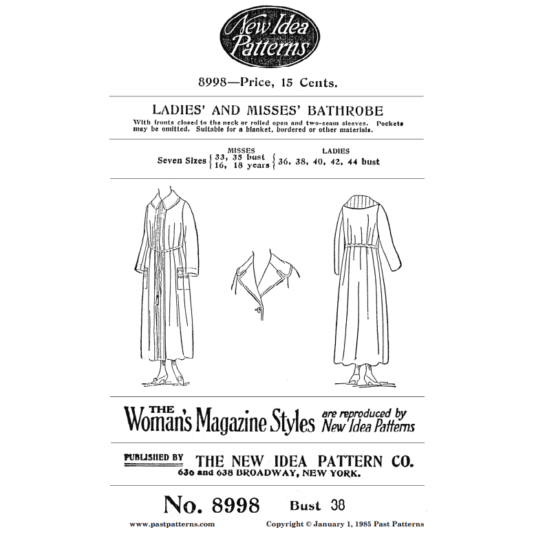 Late 1910s Ladies Bathrobe Downloads | Past Patterns 8998