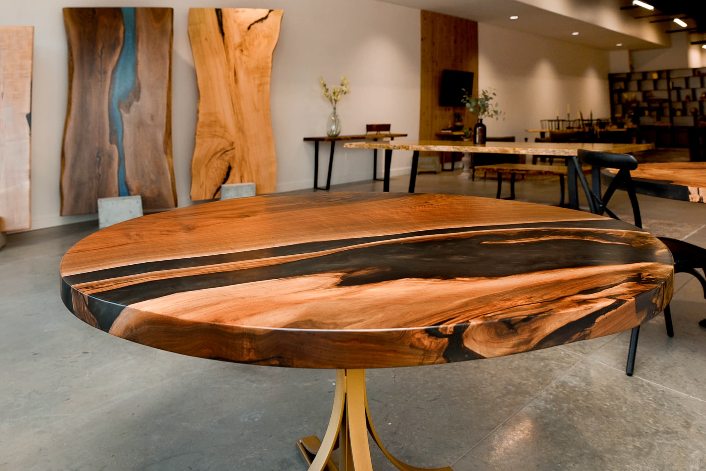 Round Walnut Dining Table with Black and Gold Epoxy<br>Yellowstone Series – 60″ - thumbnail 2