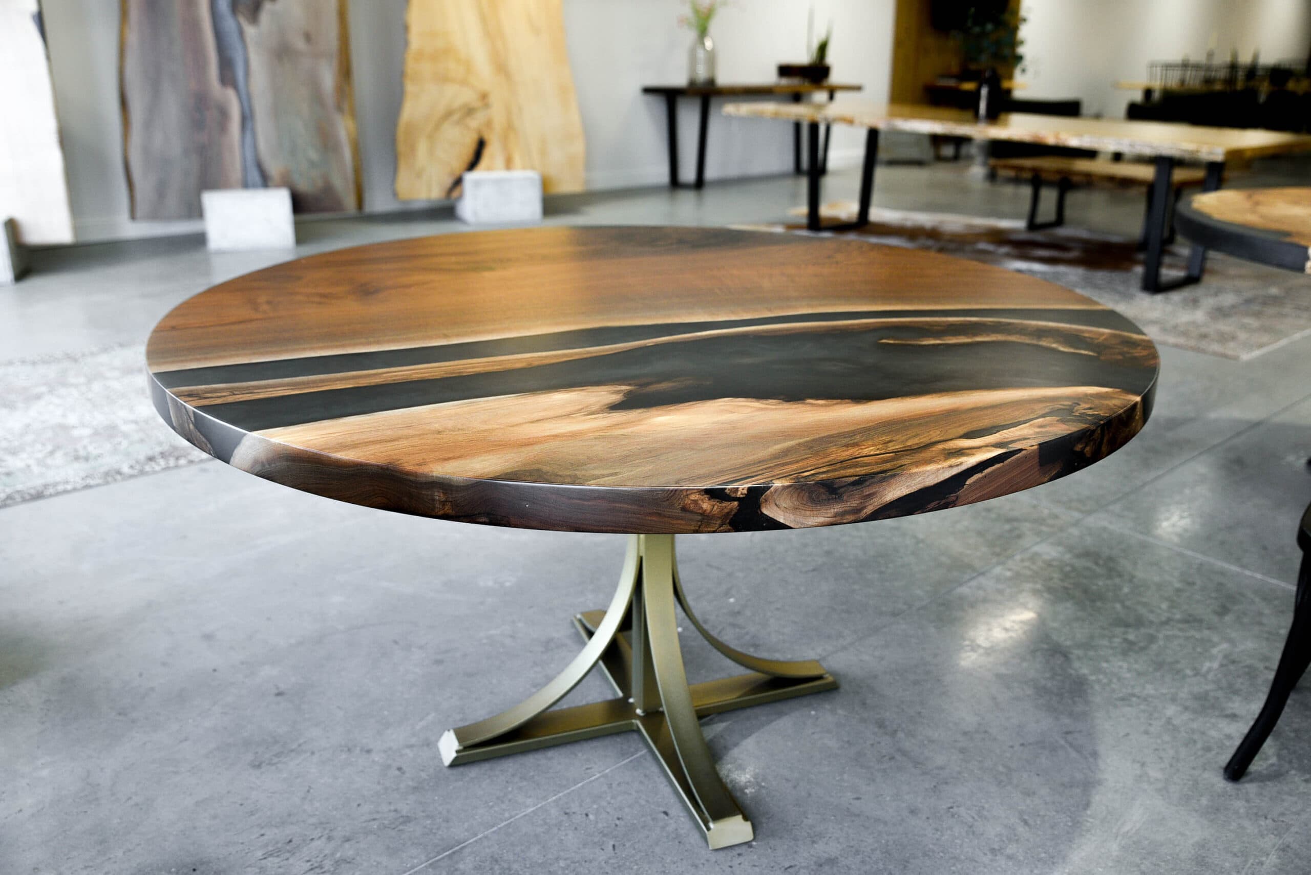 Round Walnut Dining Table with Black and Gold Epoxy<br>Yellowstone Series – 60″