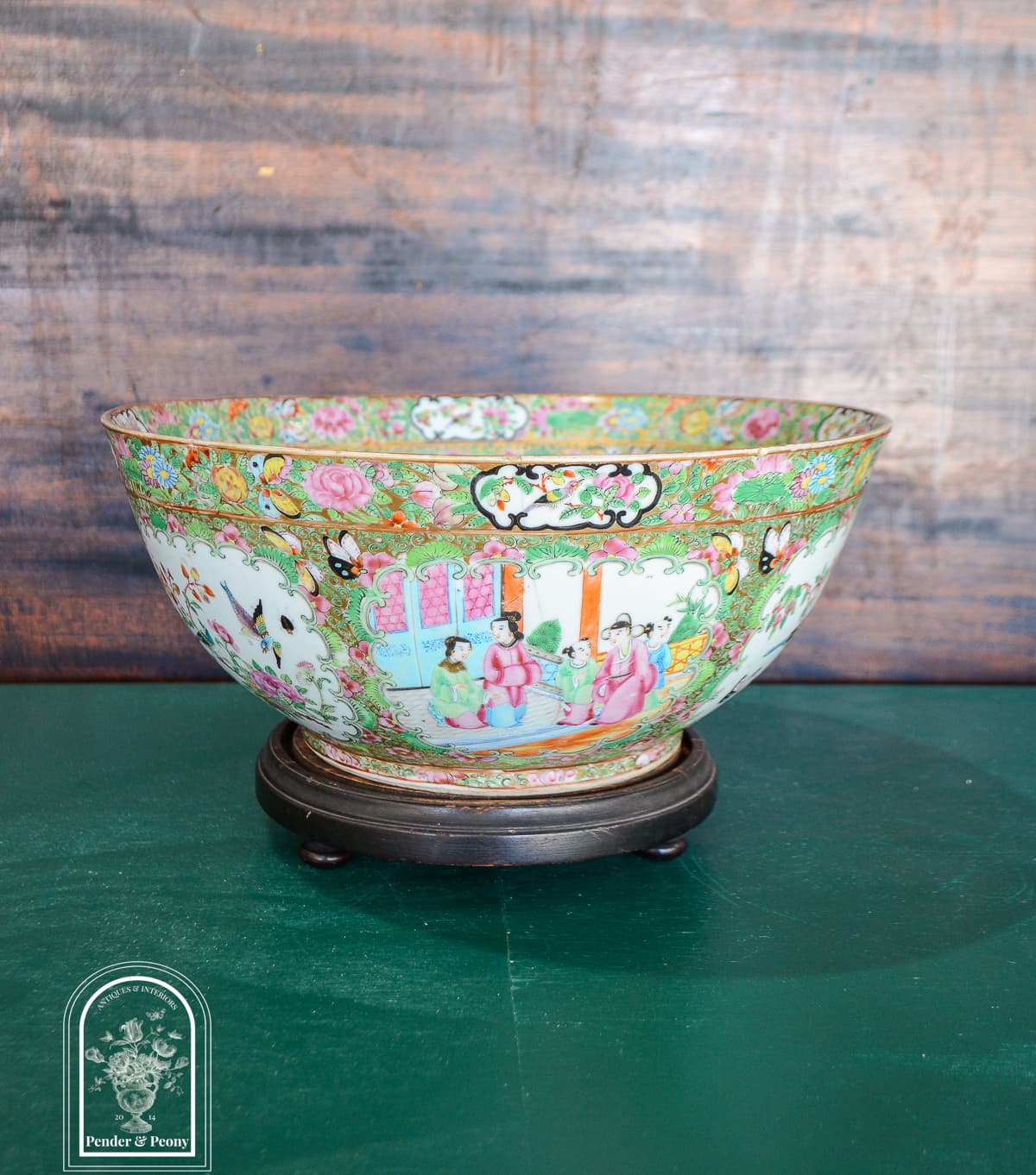 19th C Rose Medallion Punch Bowl 13″D