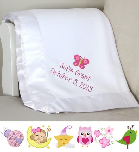 White Plush Baby Girl Blanket with Name & Birthday