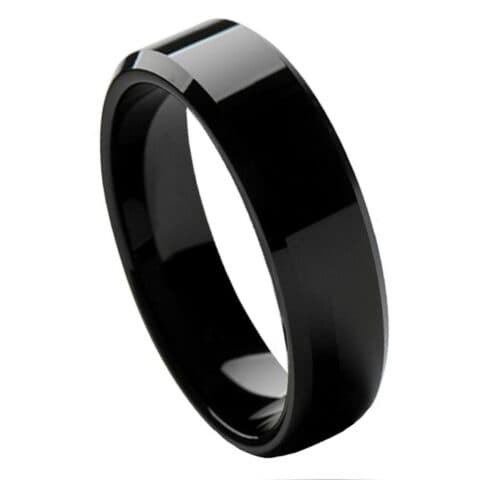 Tungsten Ring Flat High Polished Black IP Plated Beveled Edge – 6mm Ring for Men and Women