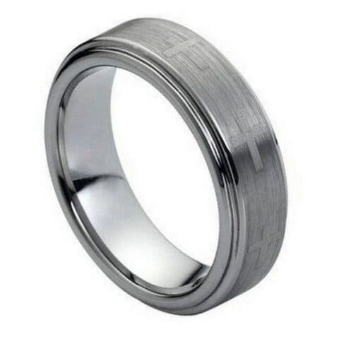 Tungsten Ring Laser Engraved Crosses Brushed Center – 7mm Ring for Men and Women