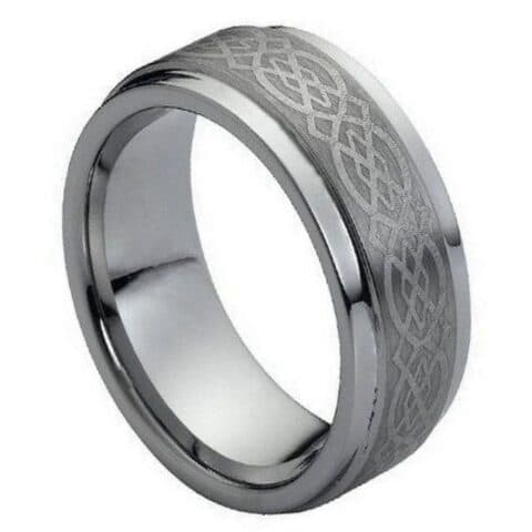 Tungsten Ring Brushed Center Laser Engraved Celtic Pattern – 9mm Ring for Men and Women