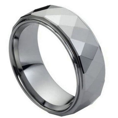 Tungsten Ring Domed Faceted Ring Stepped Edge – 8mm Ring for Men and Women