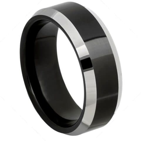 Tungsten Ring Black IP Plated Center High Polished Steel Color Beveled Edge – 8mm Ring for Men and Women