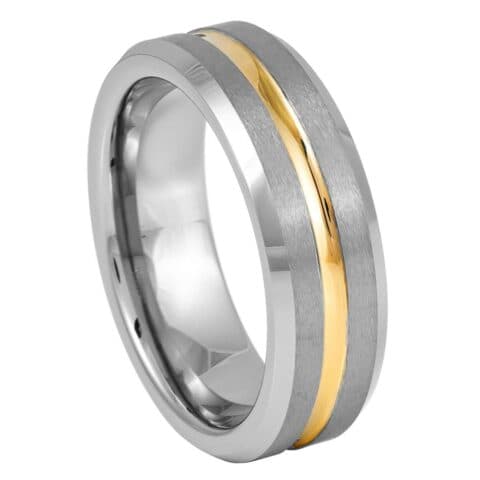 Tungsten Ring Yellow Gold Tone IP Plated Center Grooved – 7mm Ring for Men and Women