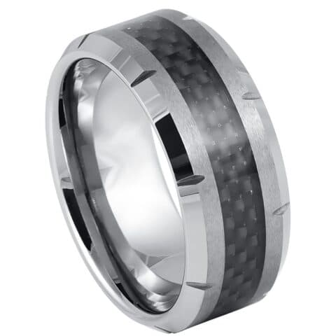 Tungsten Ring Black Carbon Fiber Inlay Multiple Grooved Edge – 10mm Ring for Men and Women