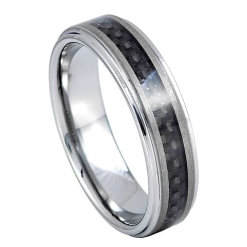 Tungsten Ring Black Carbon Fiber Inlaid on Brushed Center – 7mm Ring for Men and Women