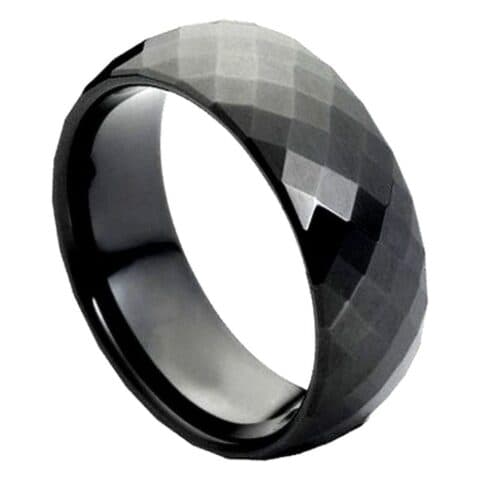 Tungsten Ring Domed Black IP Multi-Faceted Ring – 8mm Ring for Men and Women