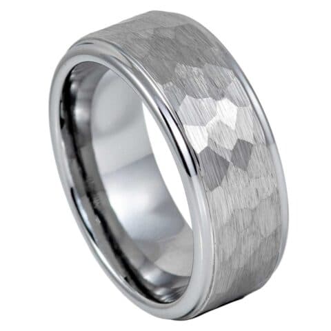 Tungsten Ring Stepped Down Edge Hammered Center – 9mm Ring for Men and Women
