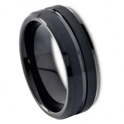 Tungsten Ring Black IP Plated Shiny Grooved Center Brushed Beveled Edge –  8mm Ring for Men and Women