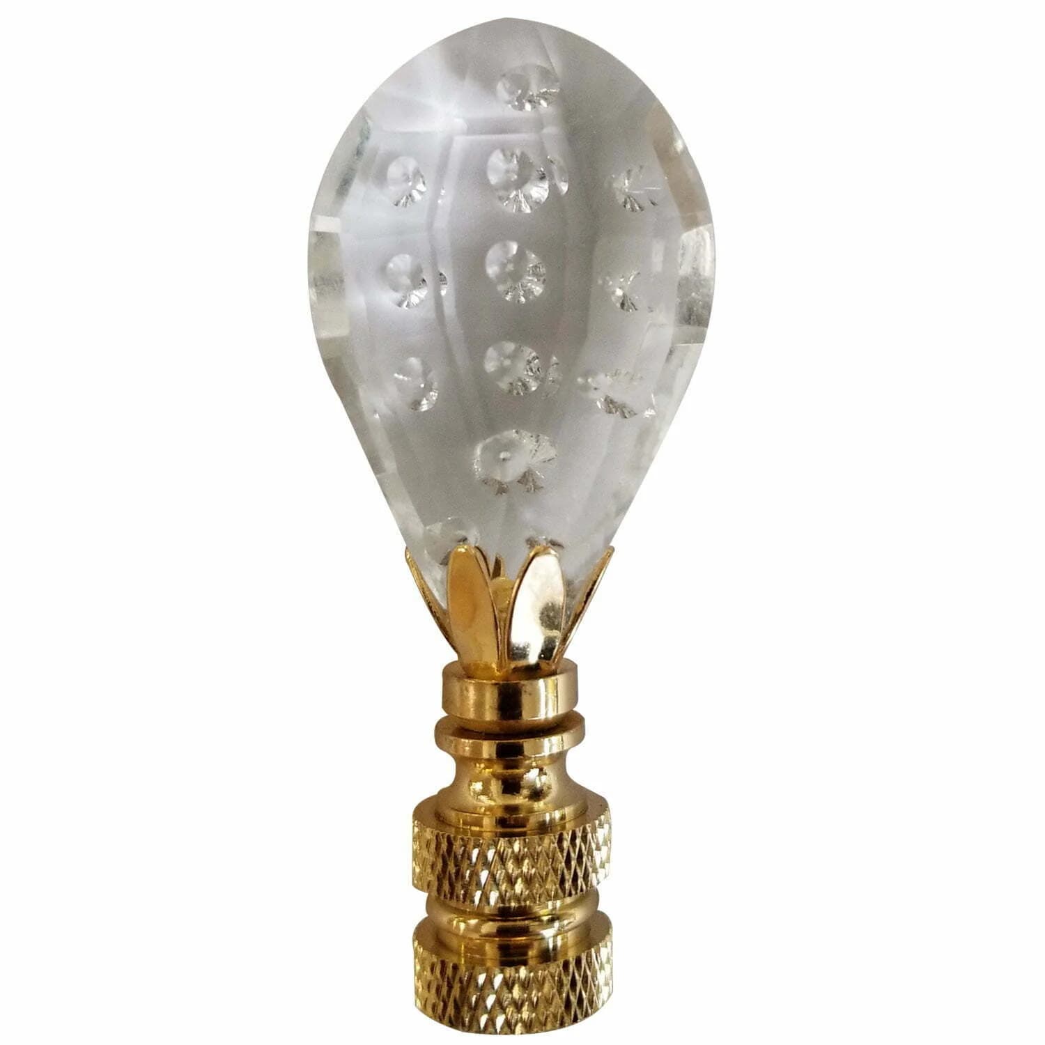 Balloon Shaped with Dot Design Lamp Finial 2.75″ Clear Faceted Crystal with Polished Brass Base