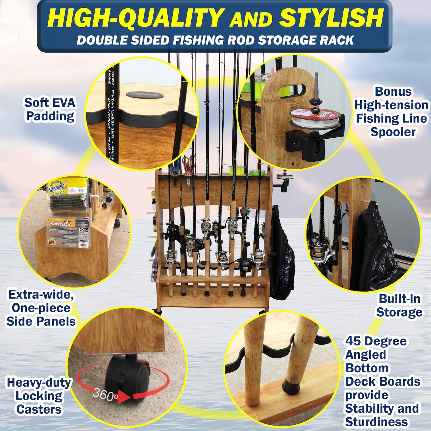Rolling 16-Rod Fishing Rod Storage Rack for Garage - thumbnail 2