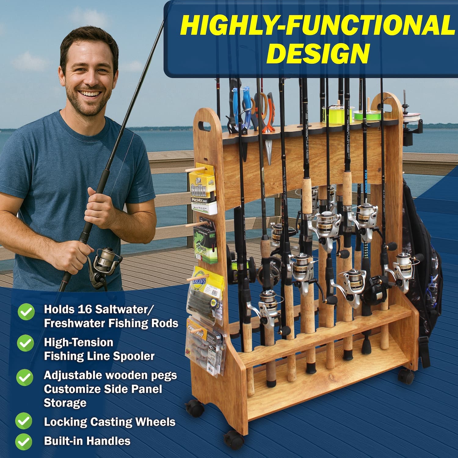 Rolling 16-Rod Fishing Rod Storage Rack for Garage - thumbnail 6