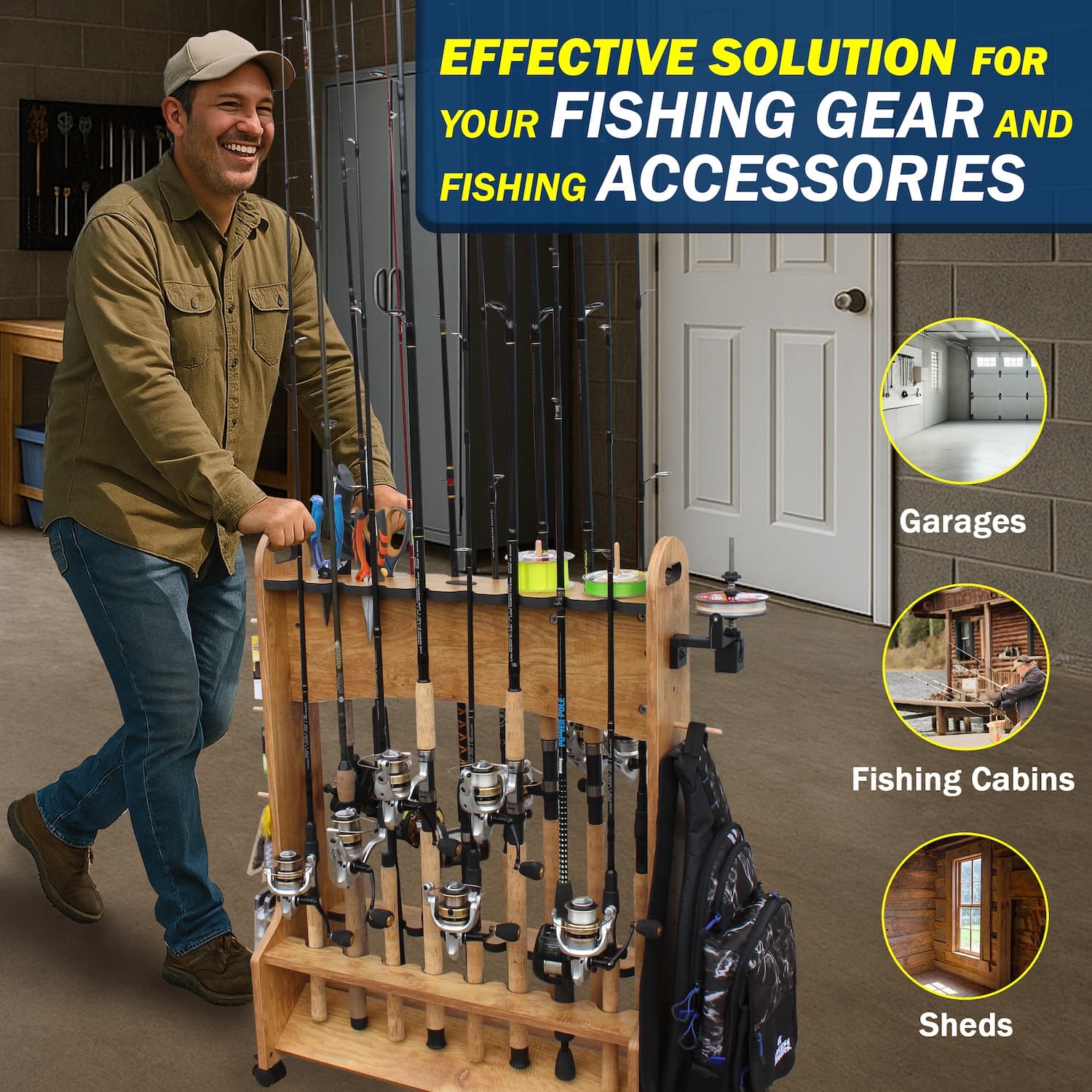 Rolling 16-Rod Fishing Rod Storage Rack for Garage - thumbnail 7