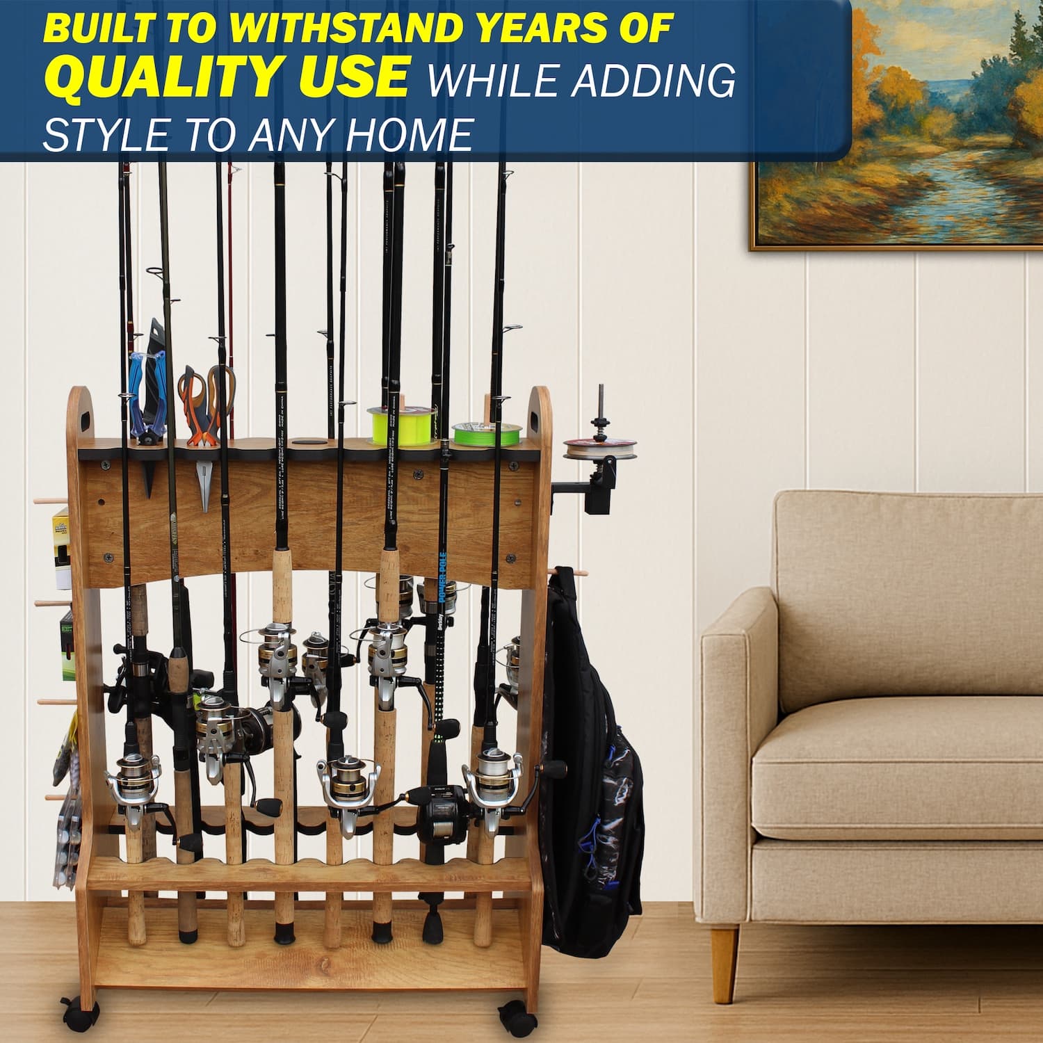 Rolling 16-Rod Fishing Rod Storage Rack for Garage - thumbnail 8