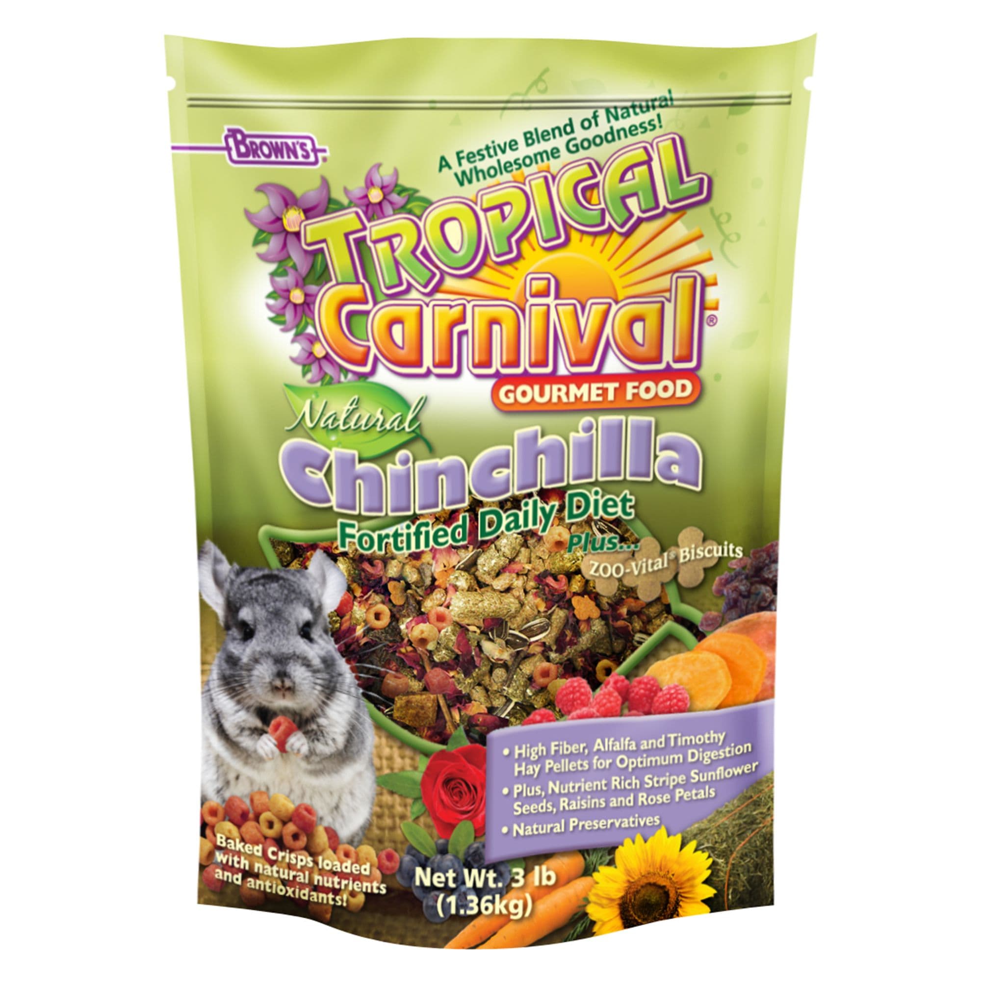 Brown's® Tropical Carnival® Natural Chinchilla Food - Fortified Daily Diet - High Fiber - 3 Lbs