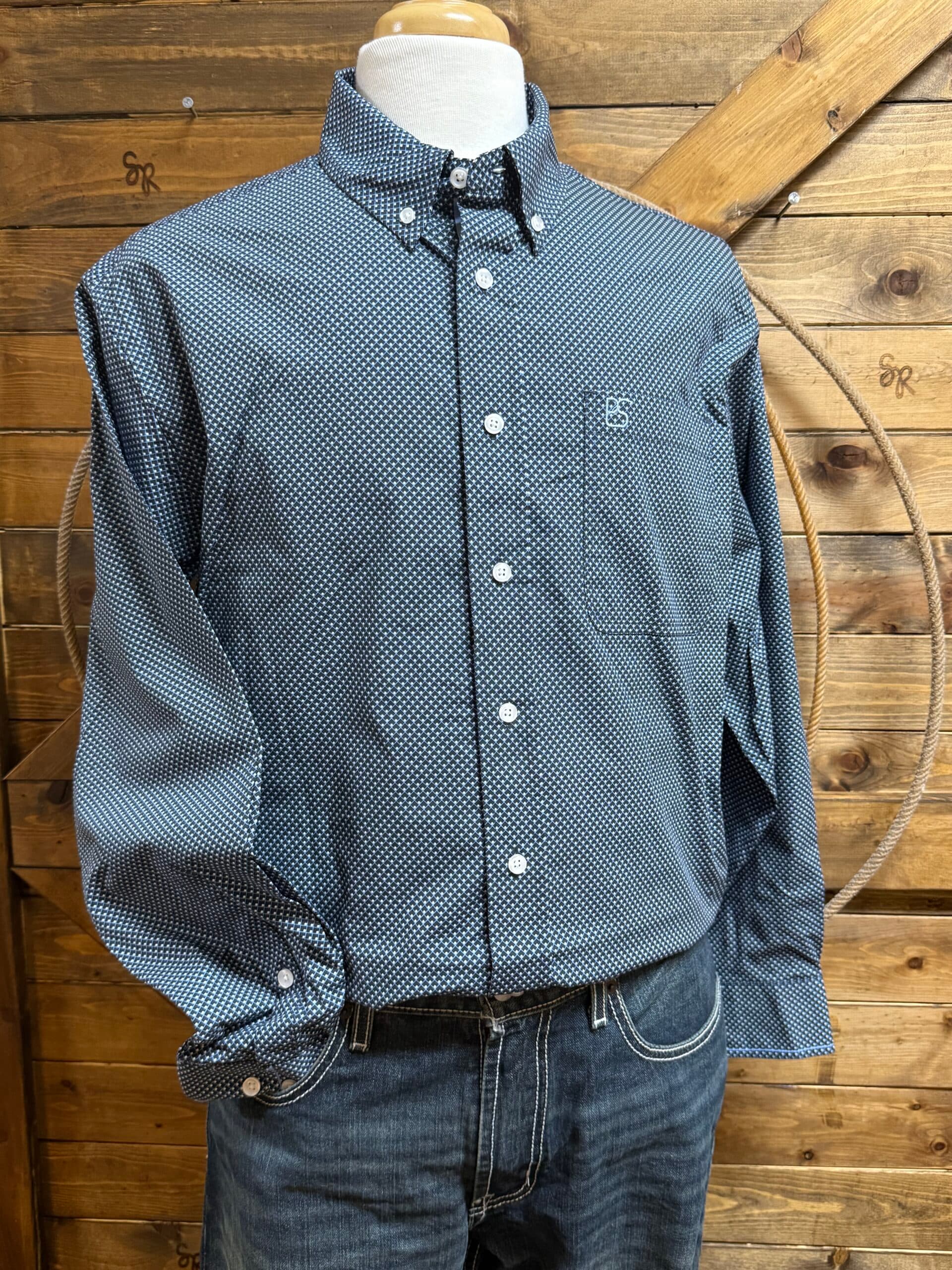 Mens Panhandle Slim L/S Button Down Shirt-Black/Blue Diamond Print