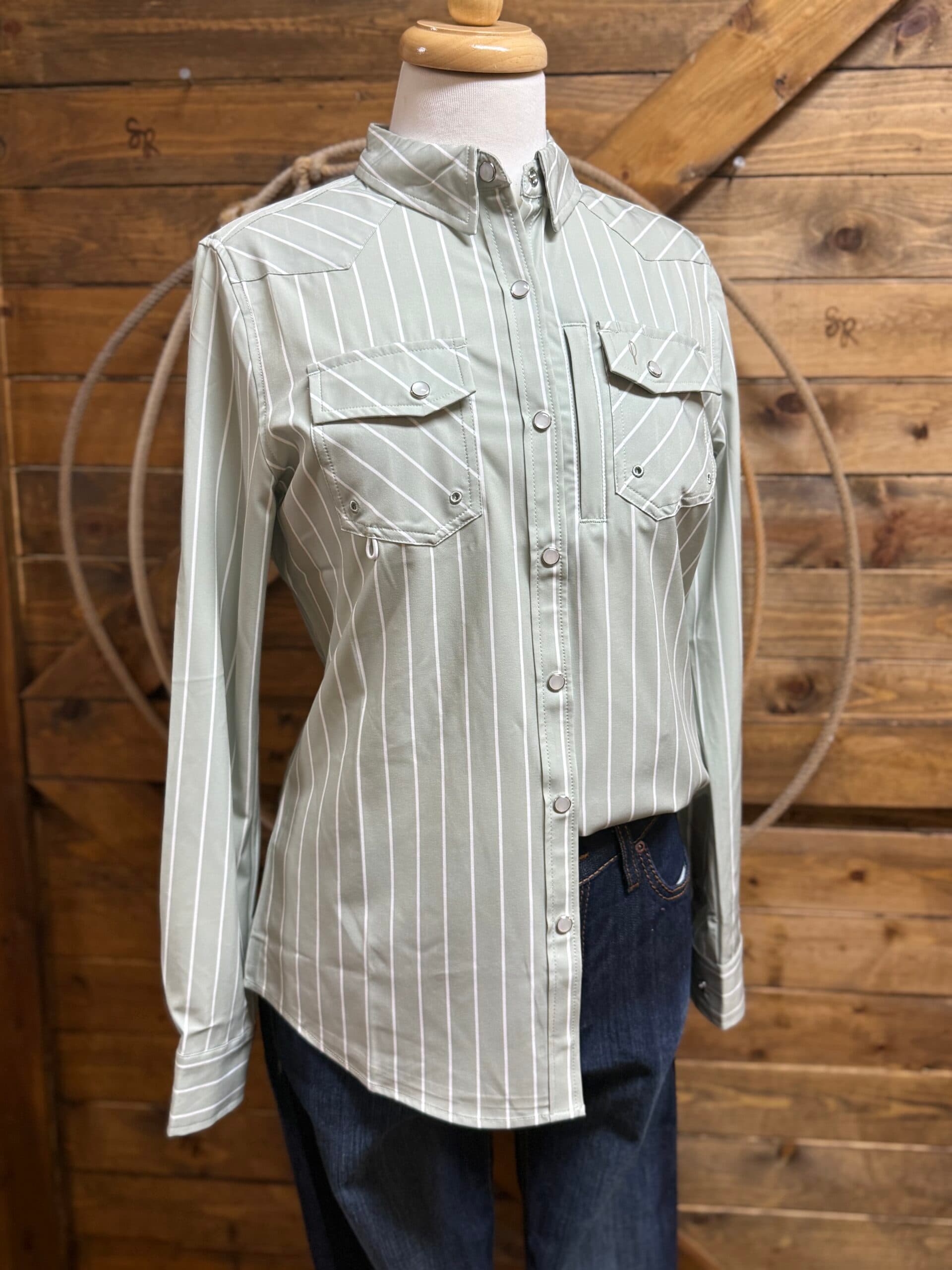 Womens Breakaway L/S Performance Pearl Snap-Sage Stripe