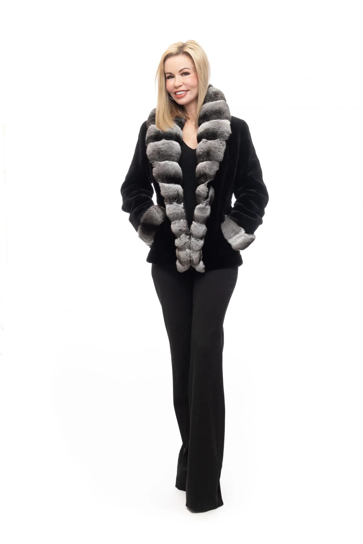 Black Sheared Mink Jacket with Natural Chinchilla Tuxedo and Cuffs