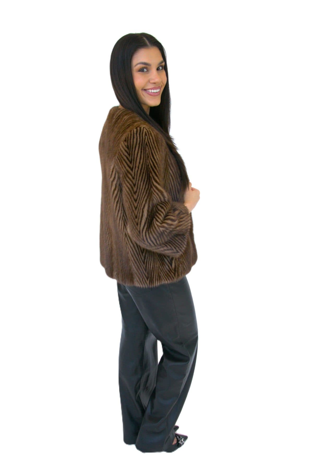 Mahogany & Pastel Chevron Striped Mink Jacket - thumbnail 4