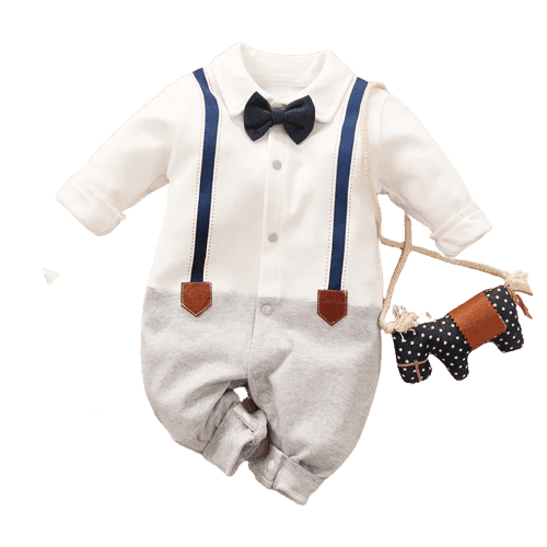 Cotton Color Block Lapel Collar Bow Tie Decor Faux-two Long-sleeve Baby Jumpsuit