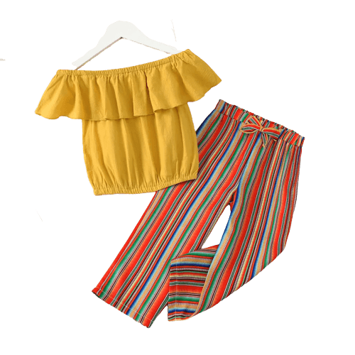 Pretty Solid Flounced Collar Top and Striped Pants Set