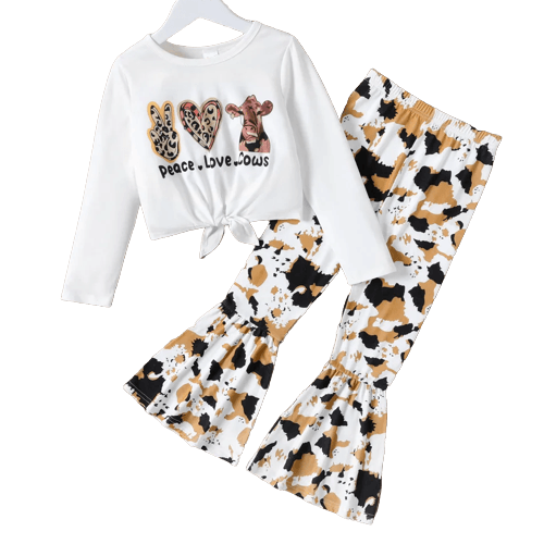 2pcs Kid Girl Letter Animal Print Tie Dyed Long-sleeve Tee and Leopard Print Flared Pants Set