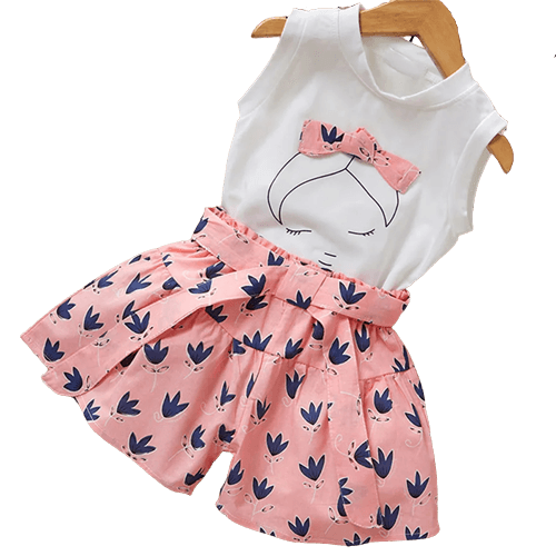 2pcs Kid Girl Bowknot Design Sleeveless Top and Allover Print Shorts Set