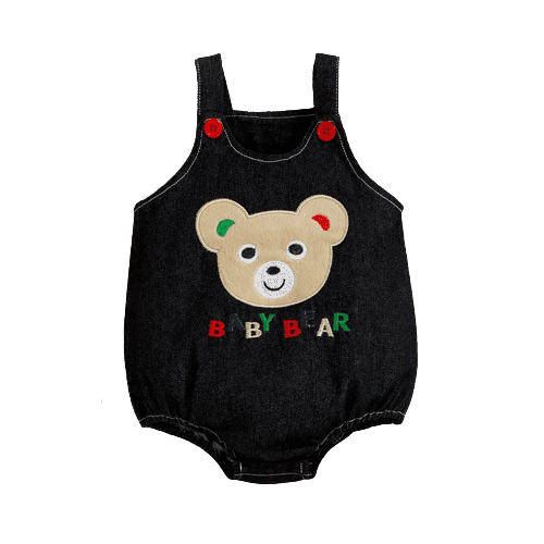 Cotton Baby Boy Cartoon Bear and Letter Embroidered Sleeveless Denim Romper