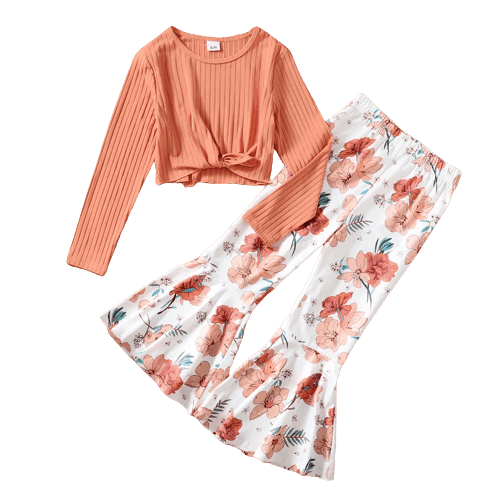 2pcs Kid Girl Ribbed Tie Knot Long-sleeve Tee and Floral Print Flared Pants Set