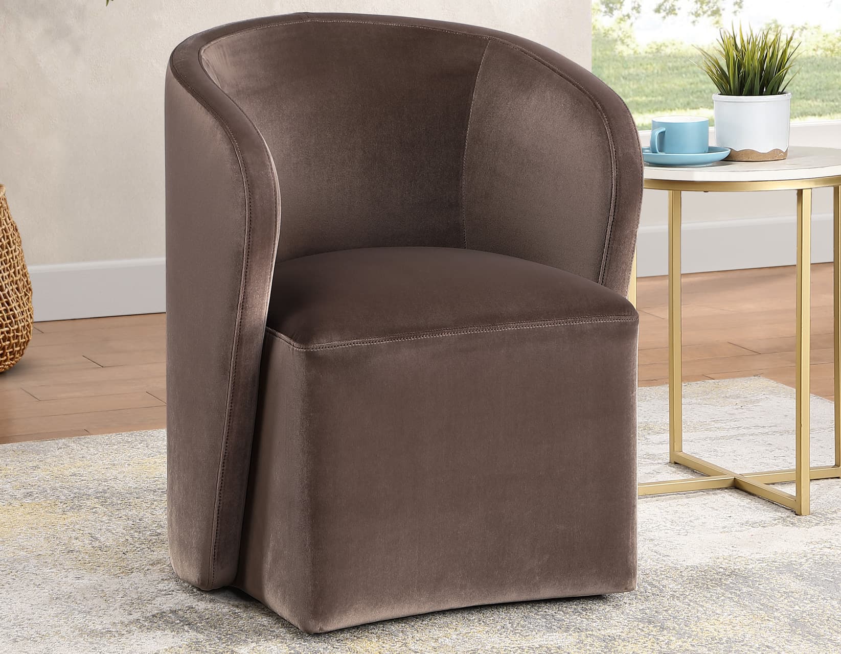Annie Chocolate Velvet Barrel Chair w/Casters - thumbnail 2