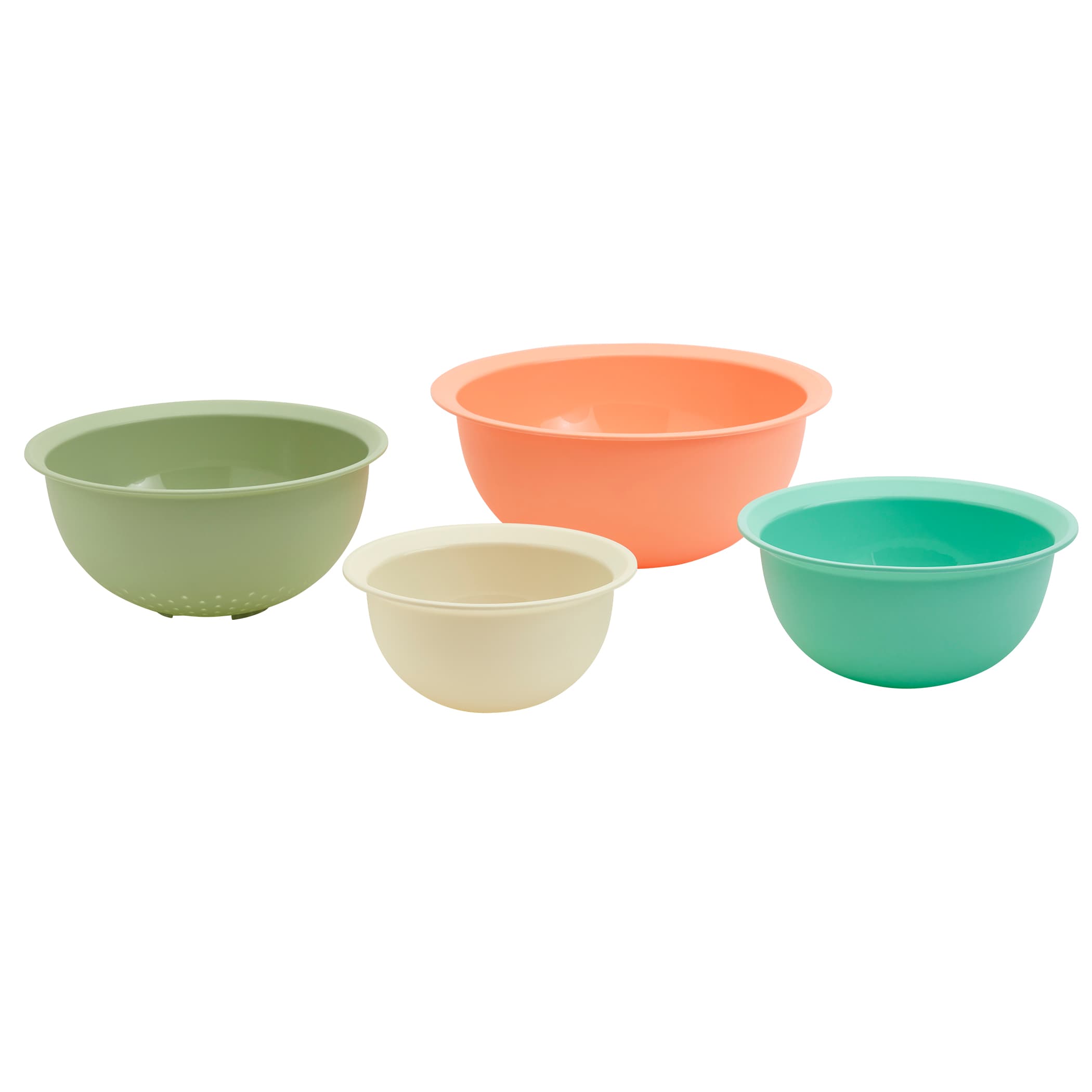 Basic Essentials 4 Piece Nesting Plastic Mixing Bowls & Colander Set, Green, Aqua, Coral & White