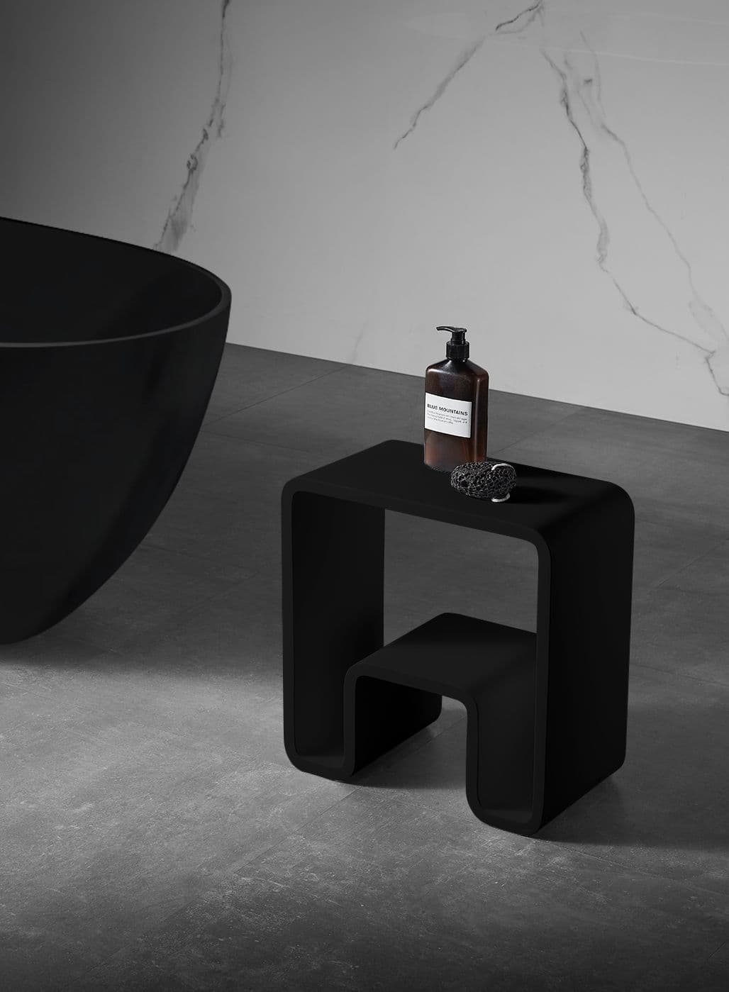 True Solid Surface Bath Stools – Matte Black Interior & Exterior 16.5” x 9” x 16.93”