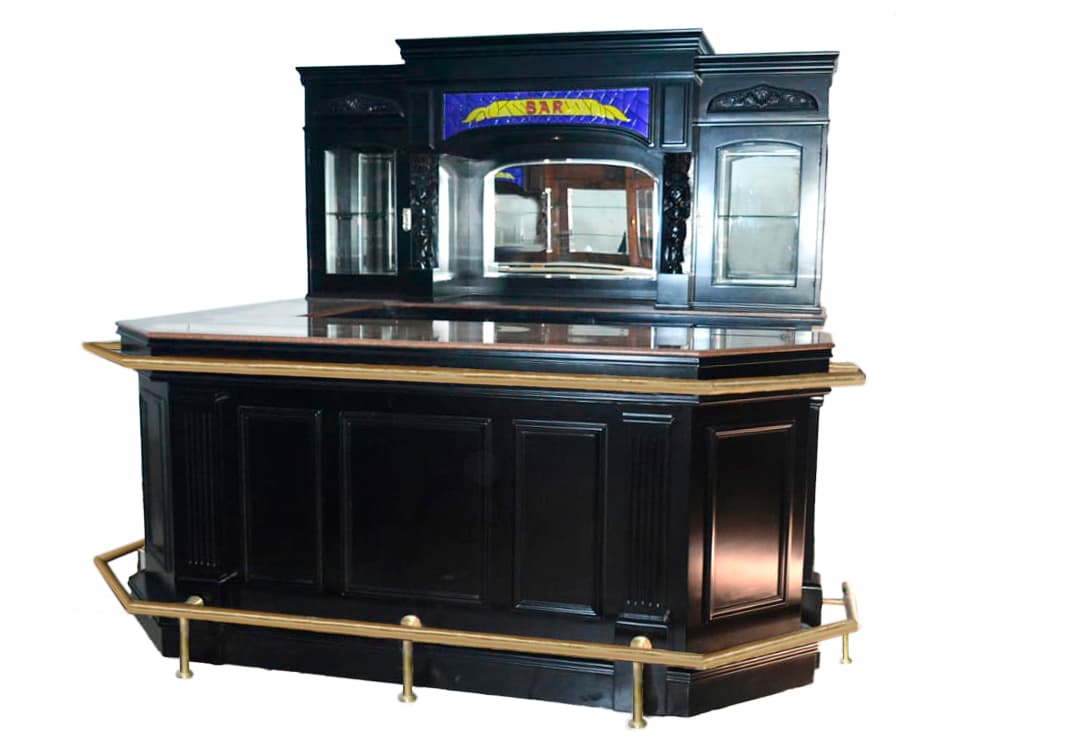 Black 8 ft Home Bar with Brass Rail & Stained Glass – Bar WNL173