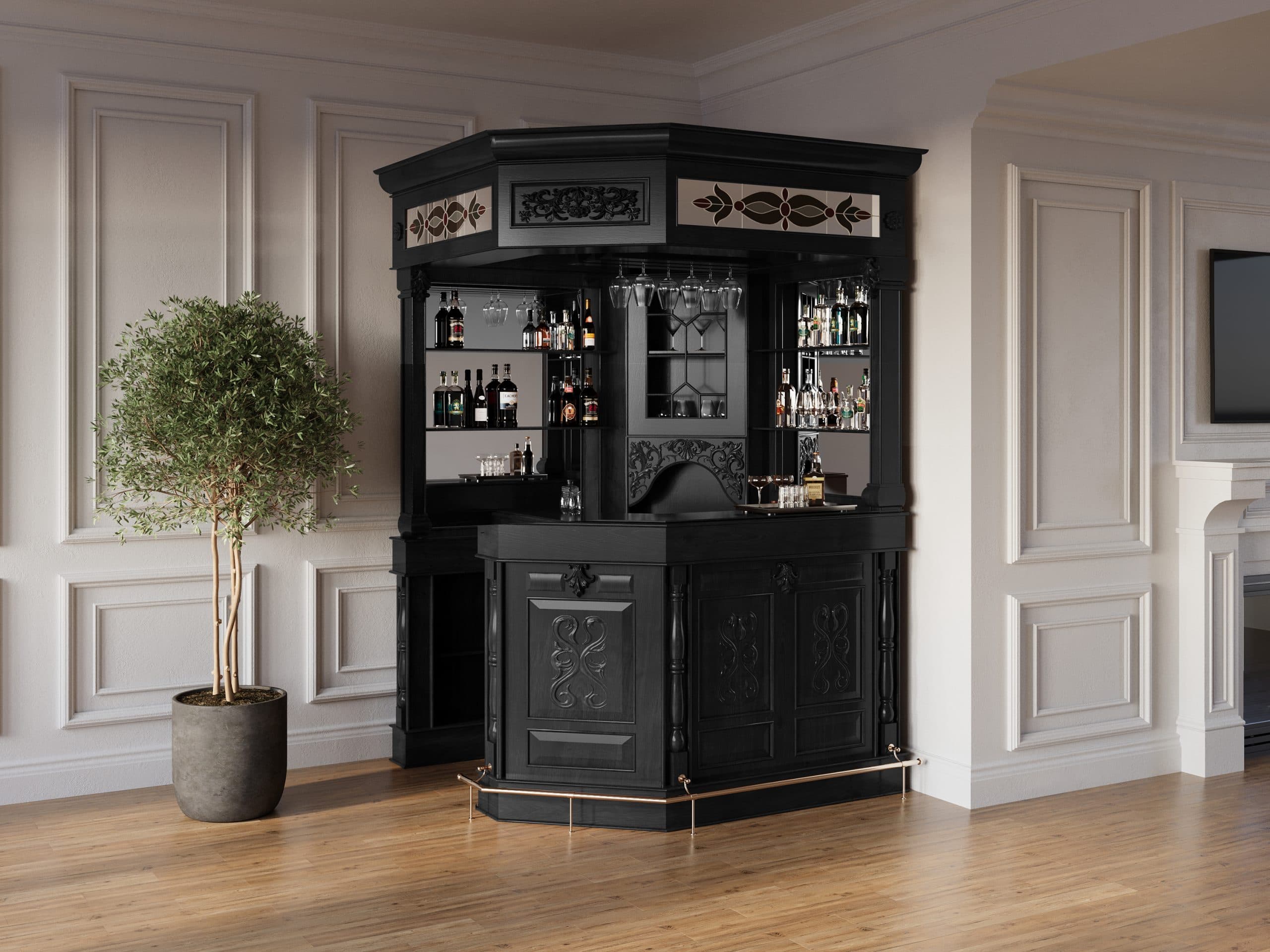 Create a Stunning Entertainment Nook with this Dramatic Multi-sided Black Bar WNL202