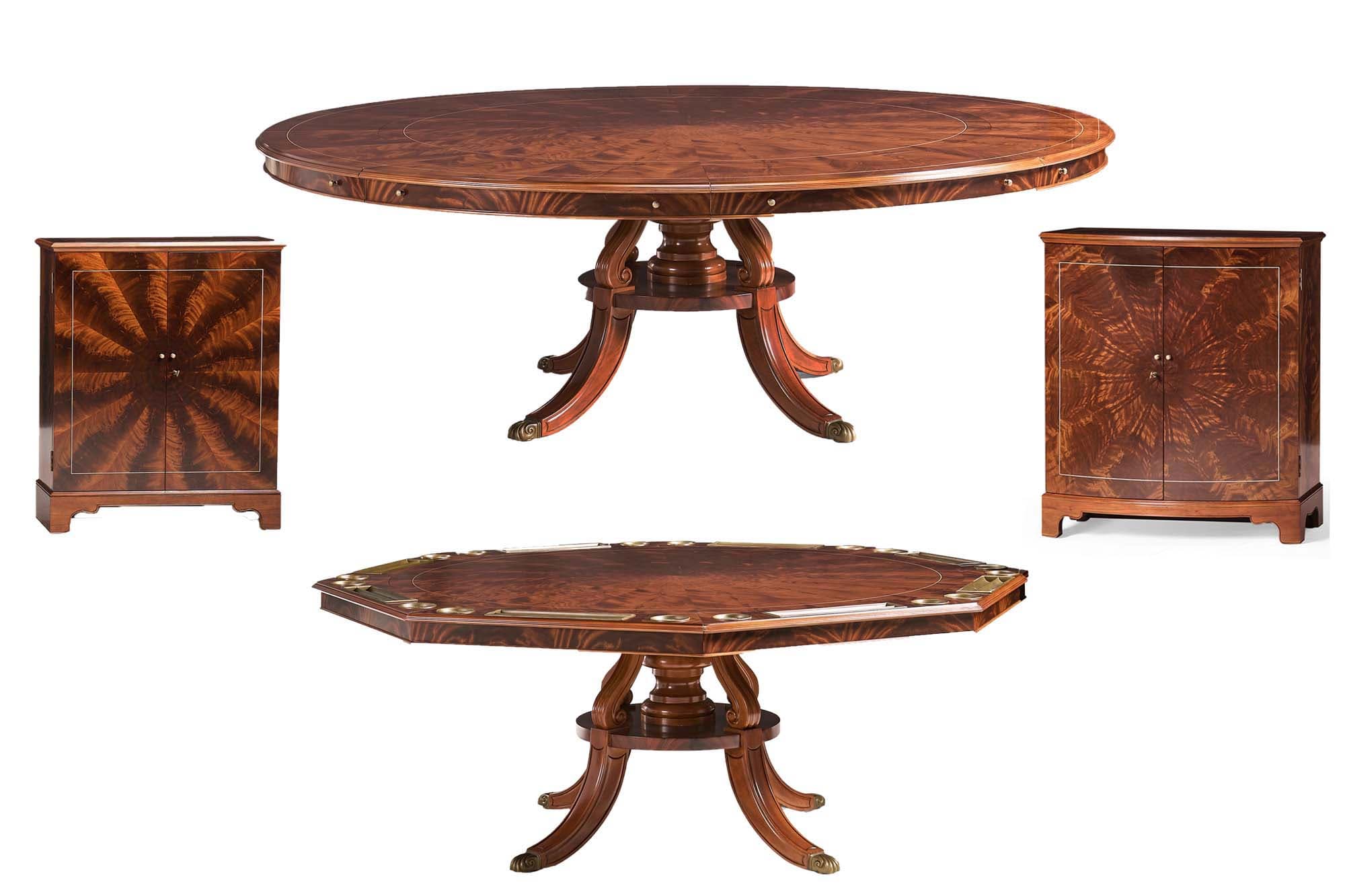 Traditional 66 inch Round Table with Dining Leaves, Gaming Leaves and Leaf Cabinets