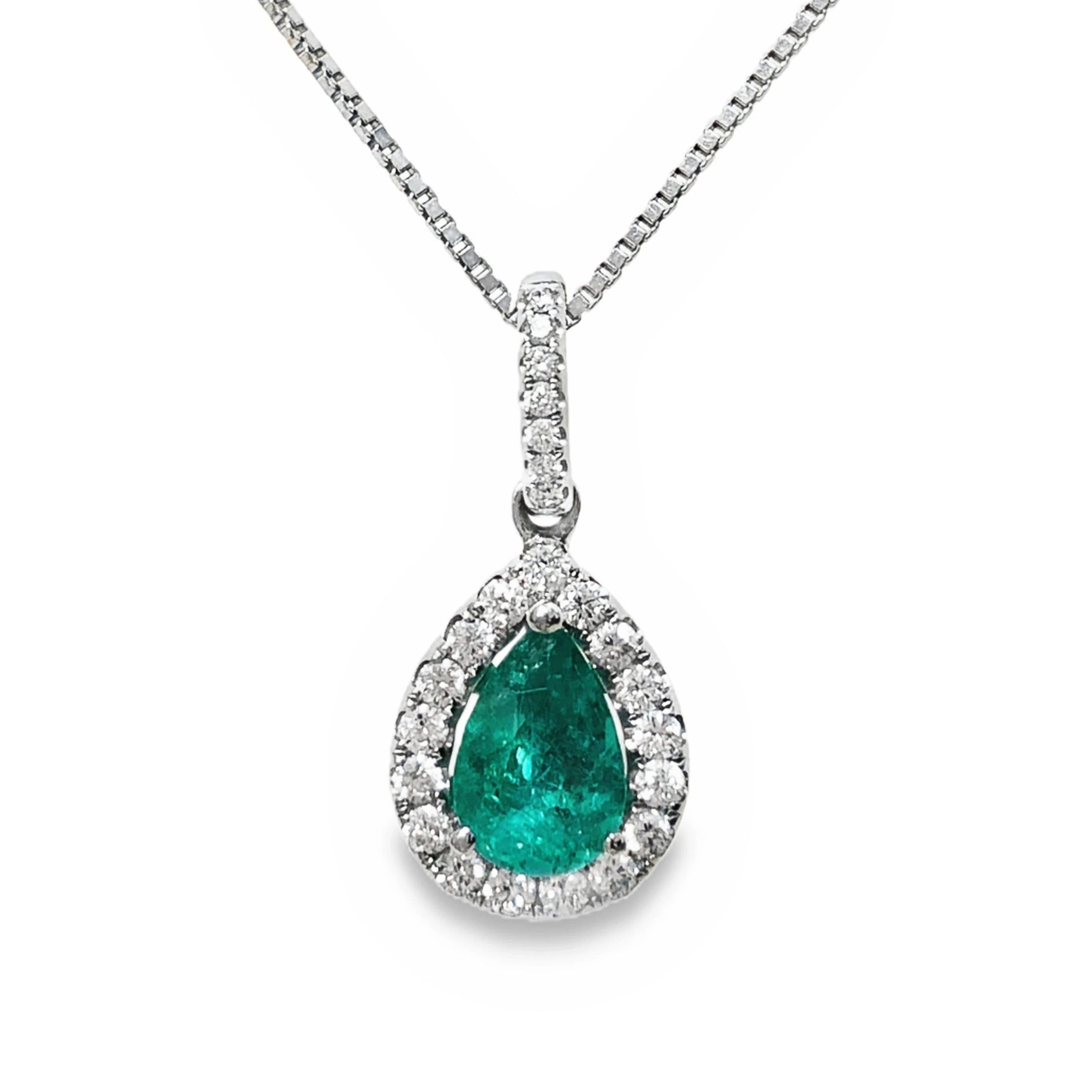 14K WHITE GOLD EMERALD DIAMOND PENDANT