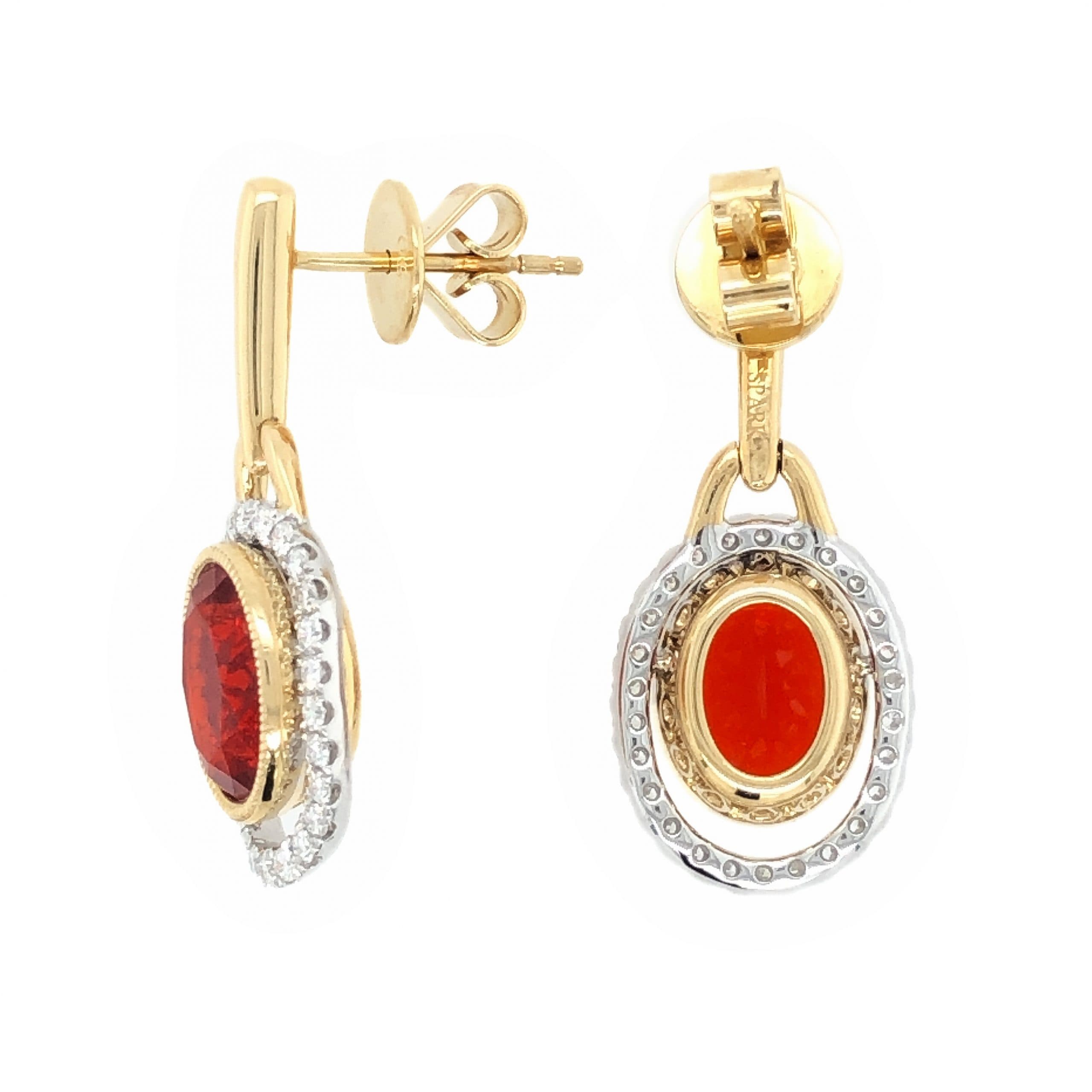 18K YELLOW & WHITE GOLD FIRE OPAL DIAMOND DROP EARRINGS - thumbnail 2