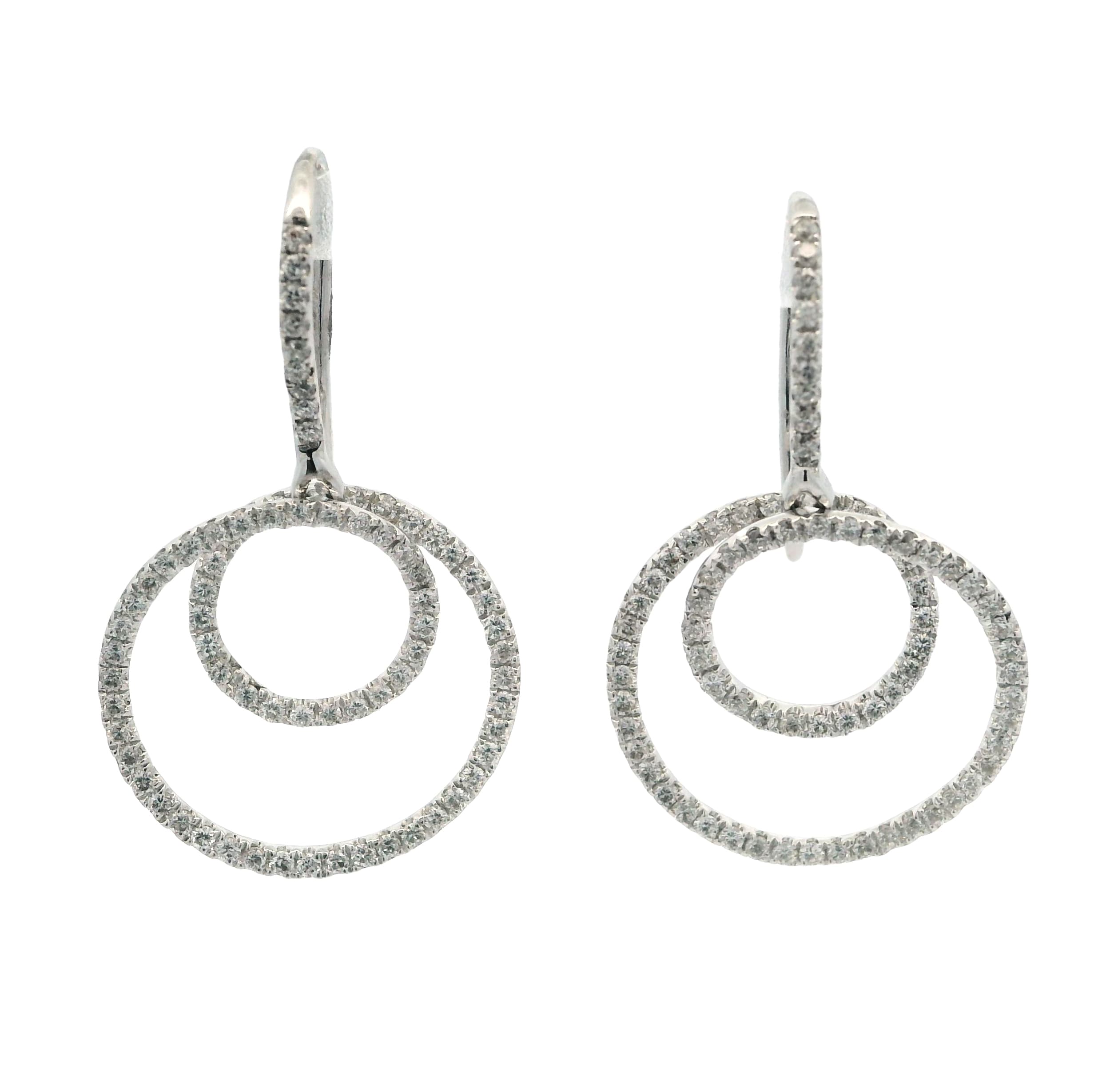 WHITE GOLD DIAMOND DOUBLE CIRCLE DROP EARRINGS