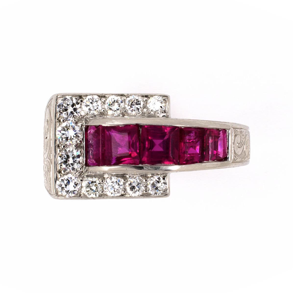 PLATINUM ART DECO VINTAGE CHASED RUBY & DIAMOND BUCKLE RING