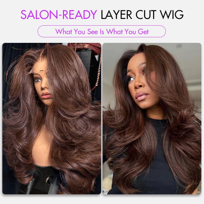 Butterfly Haircuts Dark Brown Body Wave 6×5 Glueless Wig Pre-layered Face Framing Wig 250% Density - thumbnail 4