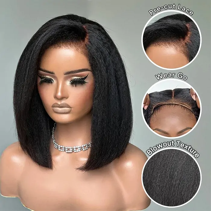 6×5 Pre-cut Hd Lace Kinky Straight Bob Wig 180% Density Wear Go Glueless Wig - thumbnail 3
