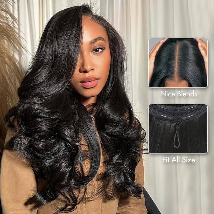 Yaki Body Pre-Styled Butterfly Cut Layered V Part Wig Minimal Leave Out 100% Natural Blends
