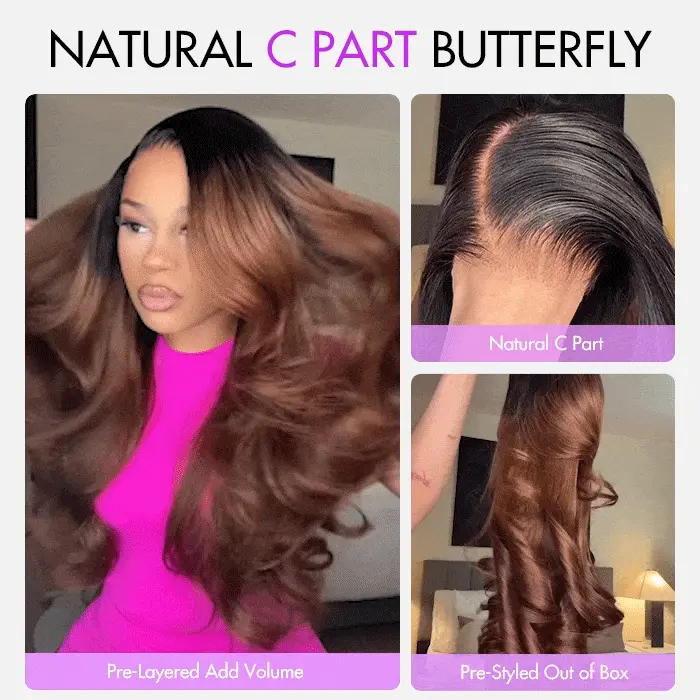 Butterfly Haircuts Dark Root to Mocha Brown Ombre 6×5 Natural C Part Pre-styled Loose Wave Glueless Wig 250% Density - thumbnail 5