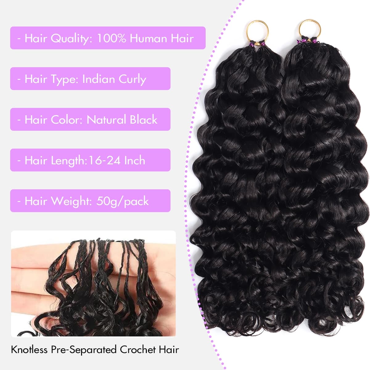 Summer Vibe Indian Curly Passion Wave Feather Crochet Human Hair Extensions Pre-Separated Reusable Miracle Knots Boho Braiding Hair - thumbnail 6