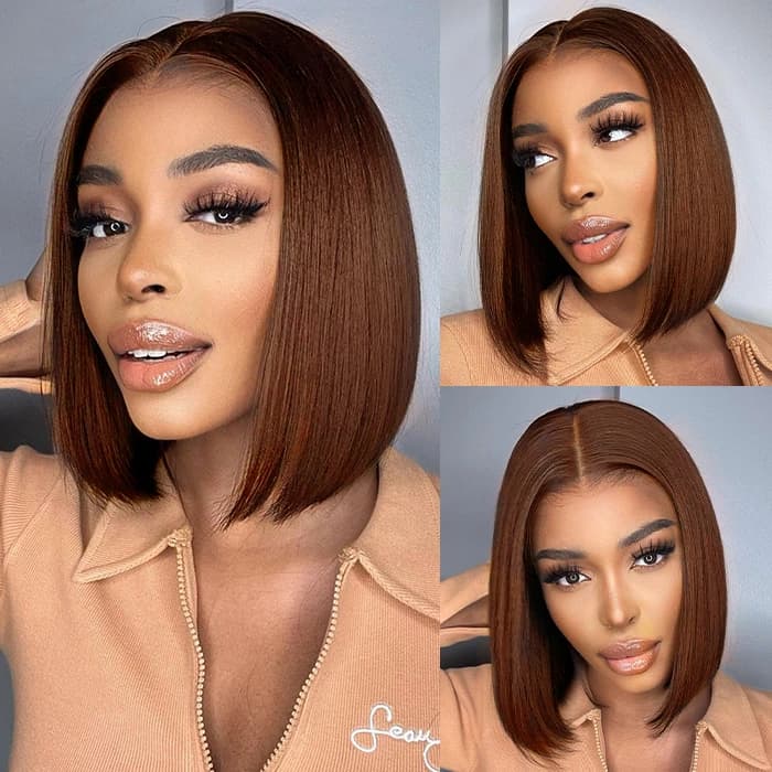 Toffee Brown Bone Straight Bob Wig 6×5 Pre-cut Lace Glueless Straight Bob Wig 180% Density - thumbnail 3