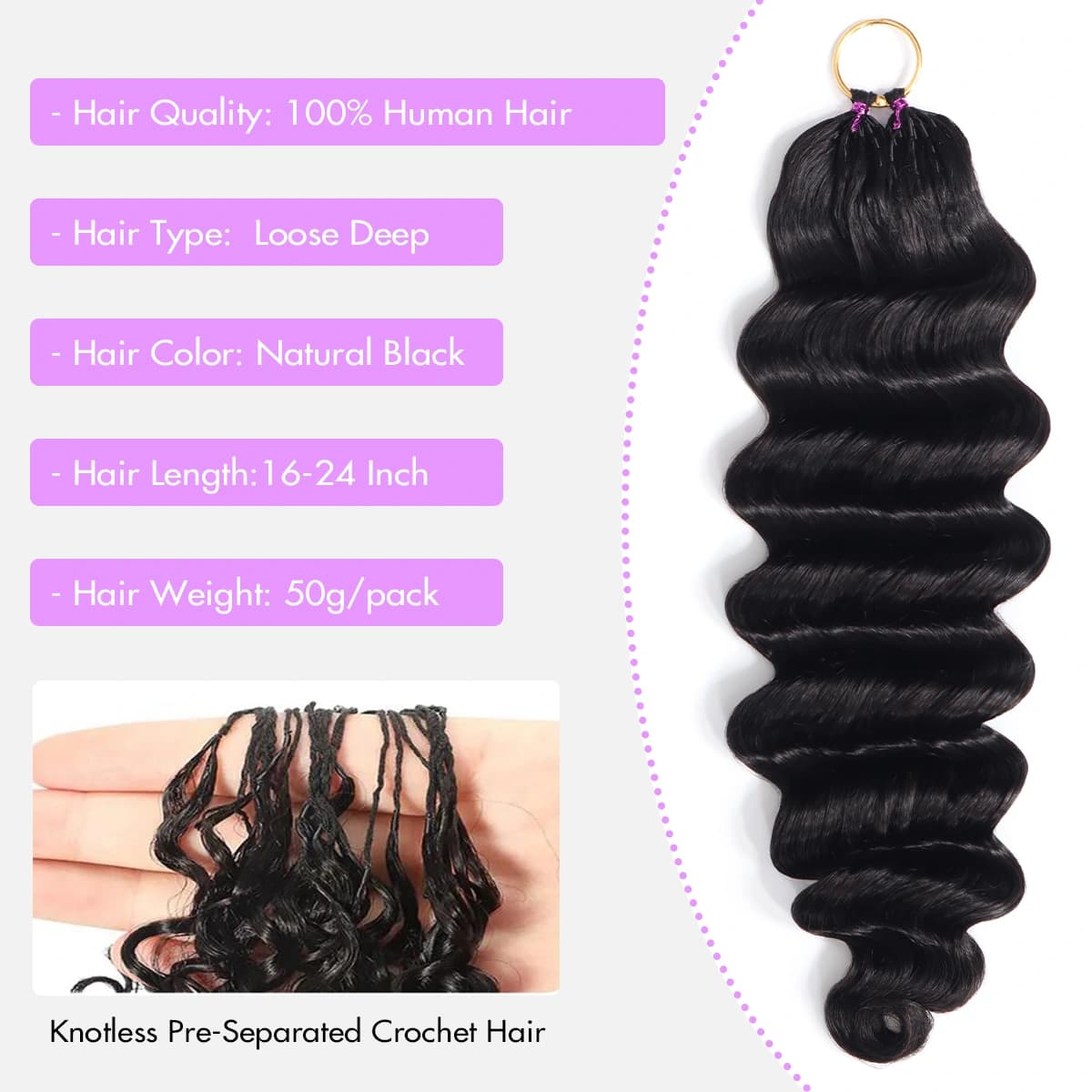 Feather Crochet Human Hair Extensions Loose Deep Wave Pre-Separated Reusable Miracle Knots Boho Braiding Hair - thumbnail 4