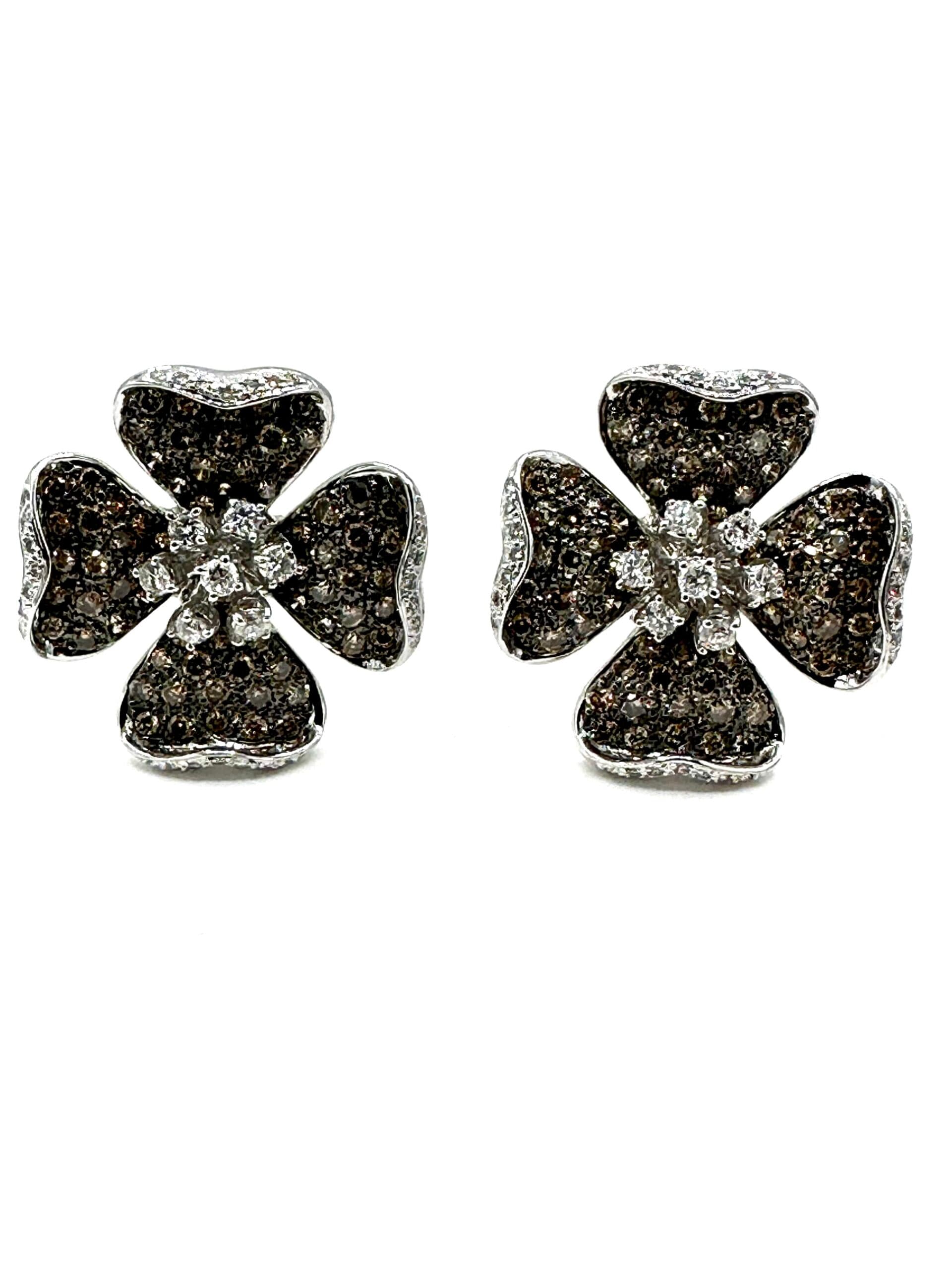 4.72 Carats Round Brilliant Cognac and White Diamonds Gold Dogwood Earrings - thumbnail 2